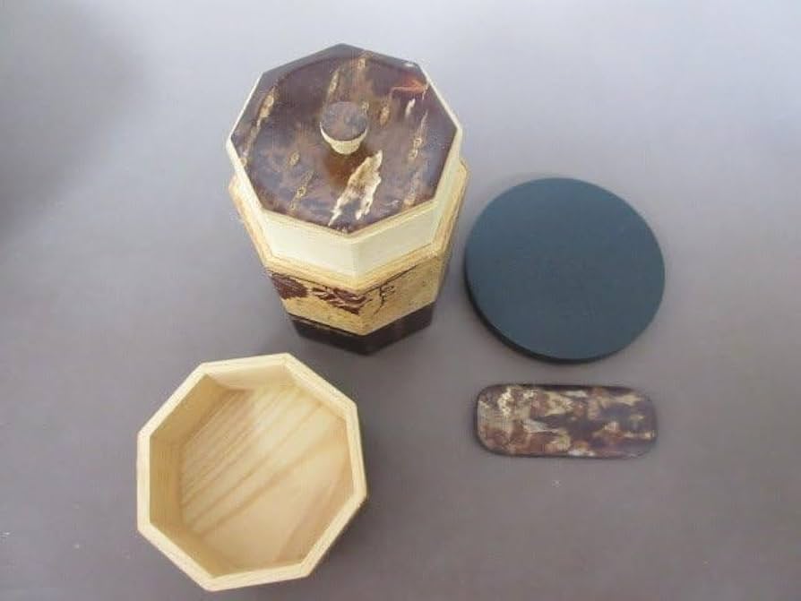 茶道具　桜皮細工　木地本けやき　八角茶筒　茶合　御茶筒　三点　共箱　V　5718 03087100002.jpg